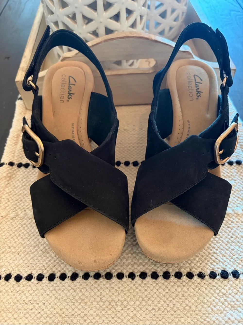 Clarks Black Wedge Sandals with Buckle
